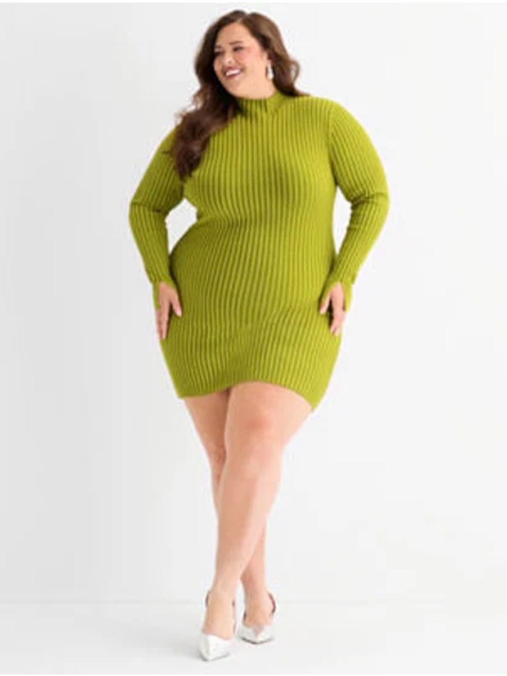 Ashley Graham Chartreuse Ribbed Long-Sleeve Mini Dress - Picture 2 of 7